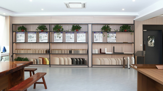 Qi An showroom shelving with wooden door samples and fire rated door finishes