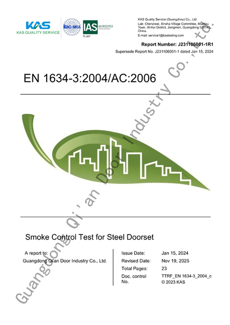 EN standard steel fire rated smoke door with glass vision panel double leaf Qi An project supply Zhujian