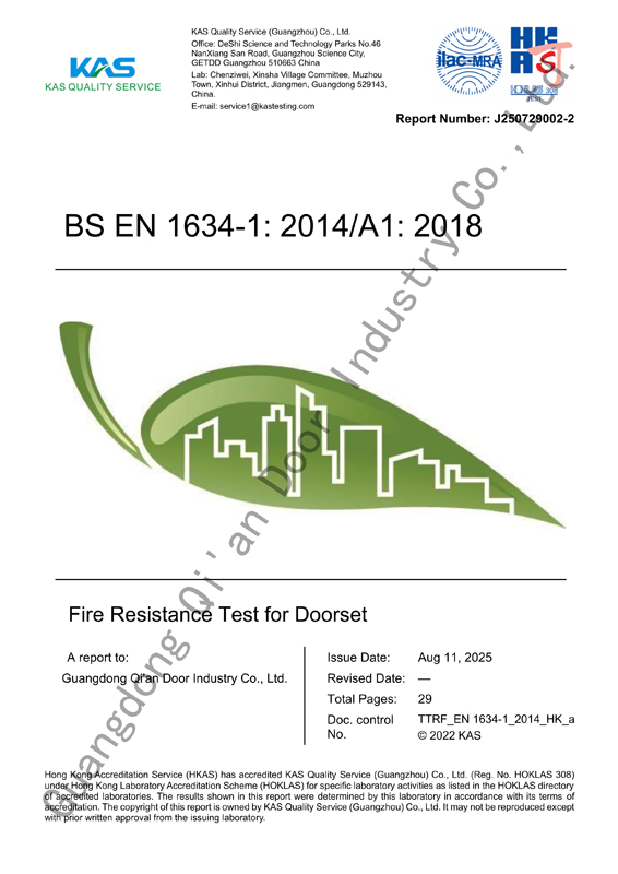 KAS test report J250729002-2 cover: BS EN 1634-1 fire resistance test of a 60-minute timber single-leaf fire door