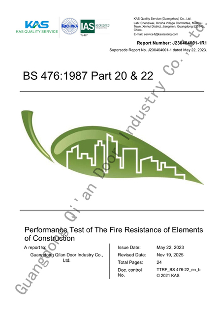 60-minute BS standard wooden fire door with glass vision panel, double-leaf, Qi An (City University)