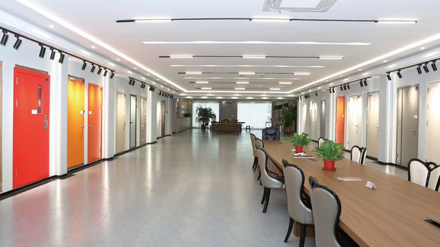 Showroom hallway with steel fire doors and acoustic door sample doors