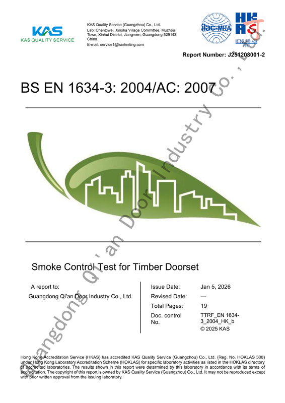 KAS test report J251203001-2 cover: BS EN 1634-3 smoke control test of a timber single-leaf doorset
