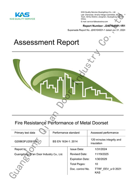 EN standard 120 minute stainless steel fire rated double door test evaluation report Qi An