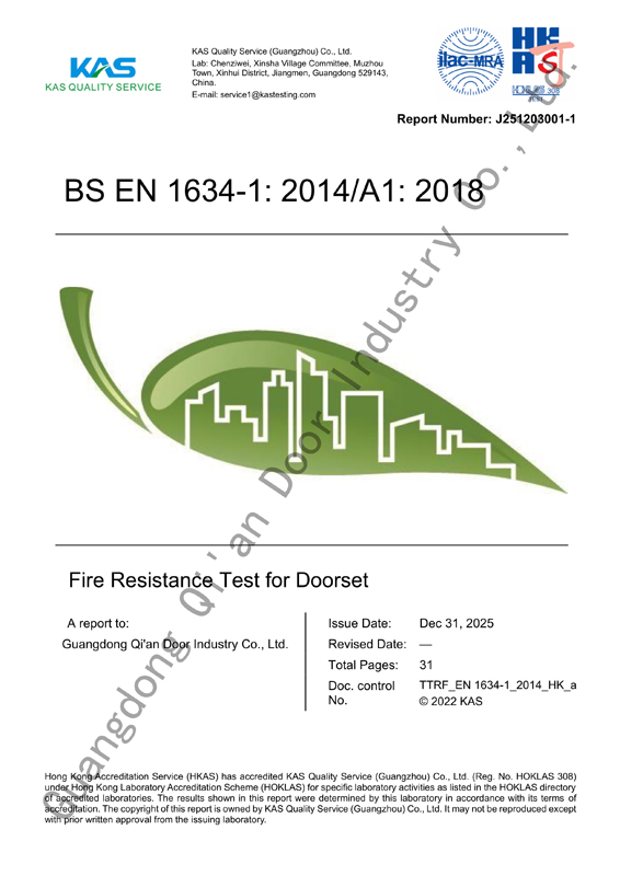 KAS test report J251203001-1 cover: BS EN 1634-1 fire resistance test of a 30-minute timber single-leaf fire door