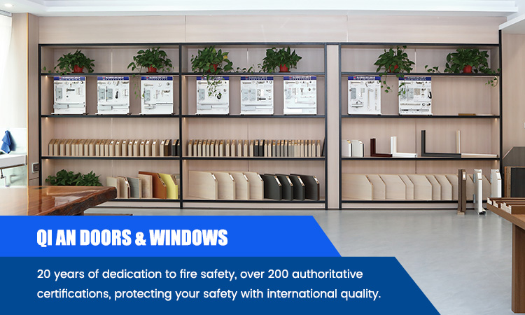  Qi An showroom display of soundproof door and wooden fire doors for hotel projects 