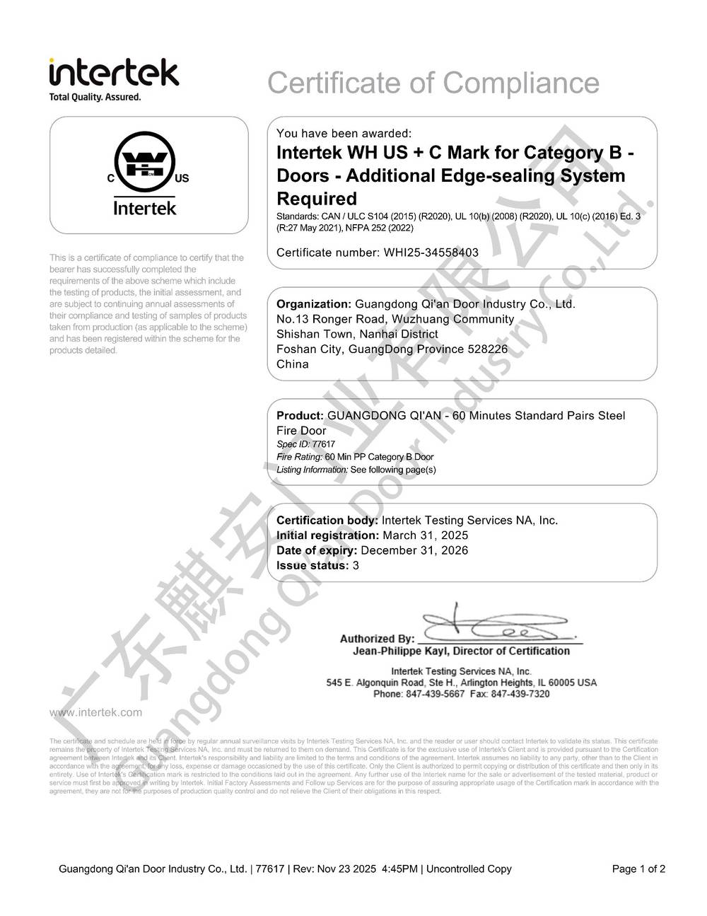 Intertek WH certificate WHI25-34558403 for 60-minute fire rated double steel fire door leaf