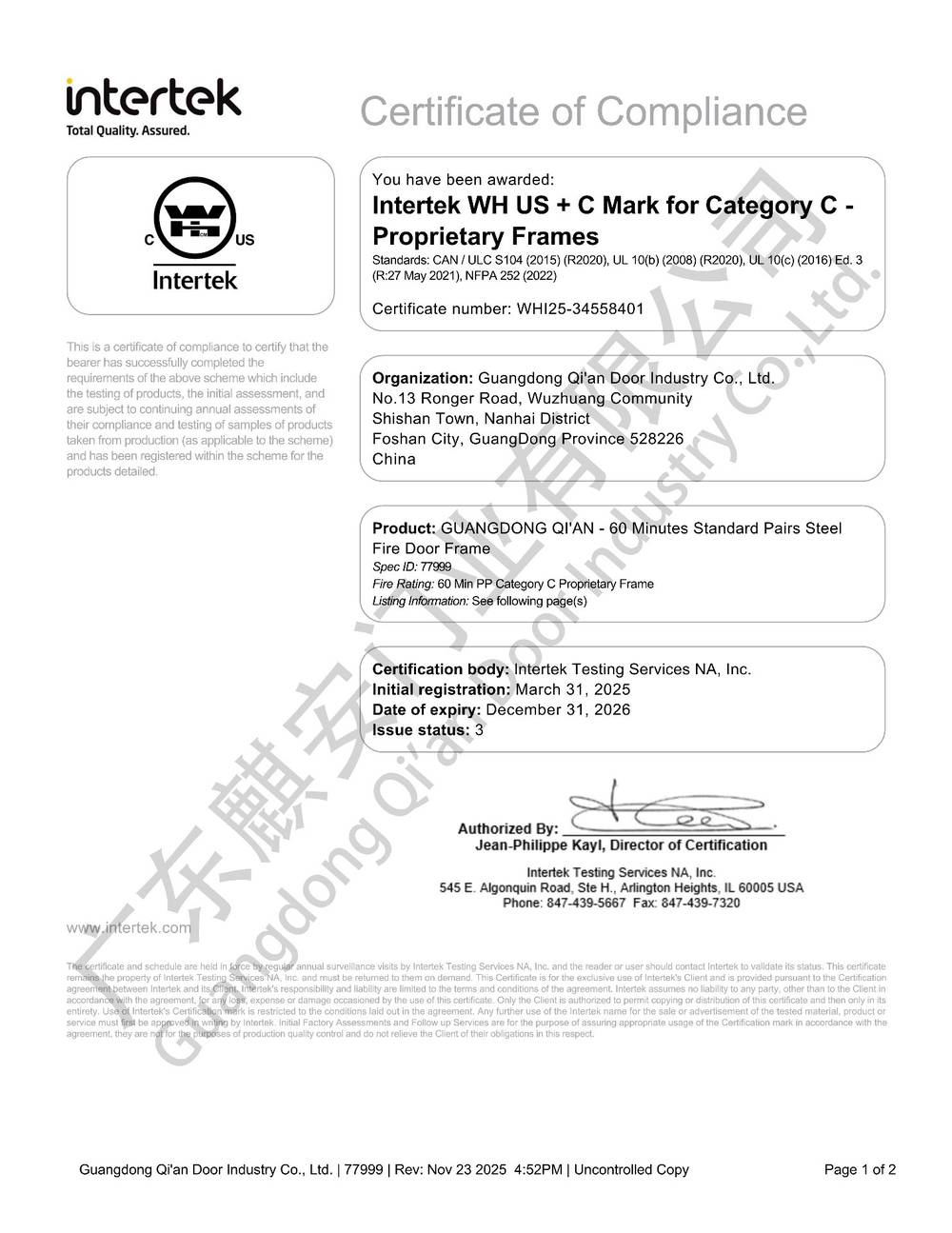 Intertek WH certificate WHI25-34558401 for 60-minute fire rated double steel door frame
